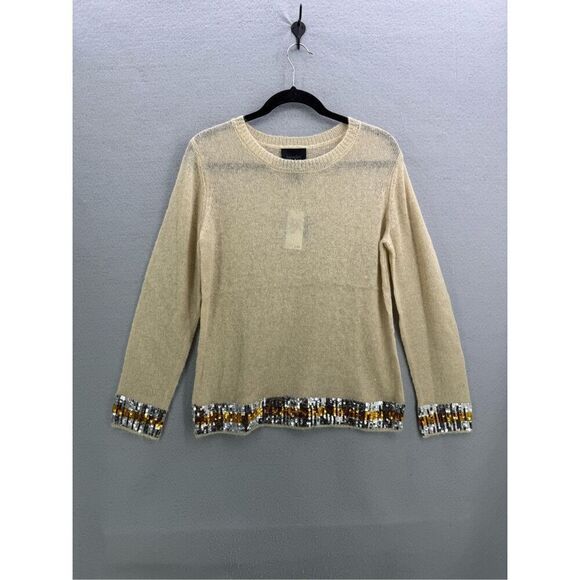 NWT Magaschoni Womens Tan Mohair Blend Sequin Trim Pullover Sweater S